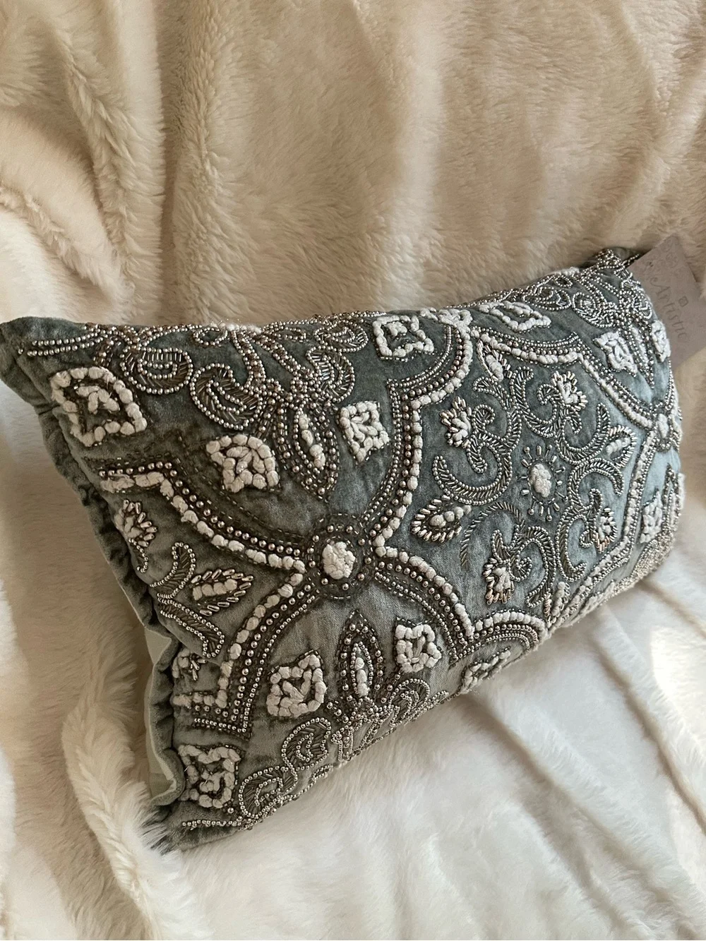 NWT Embellished Gray Velvet Lumbar Beaded Pillow Silver White Accents